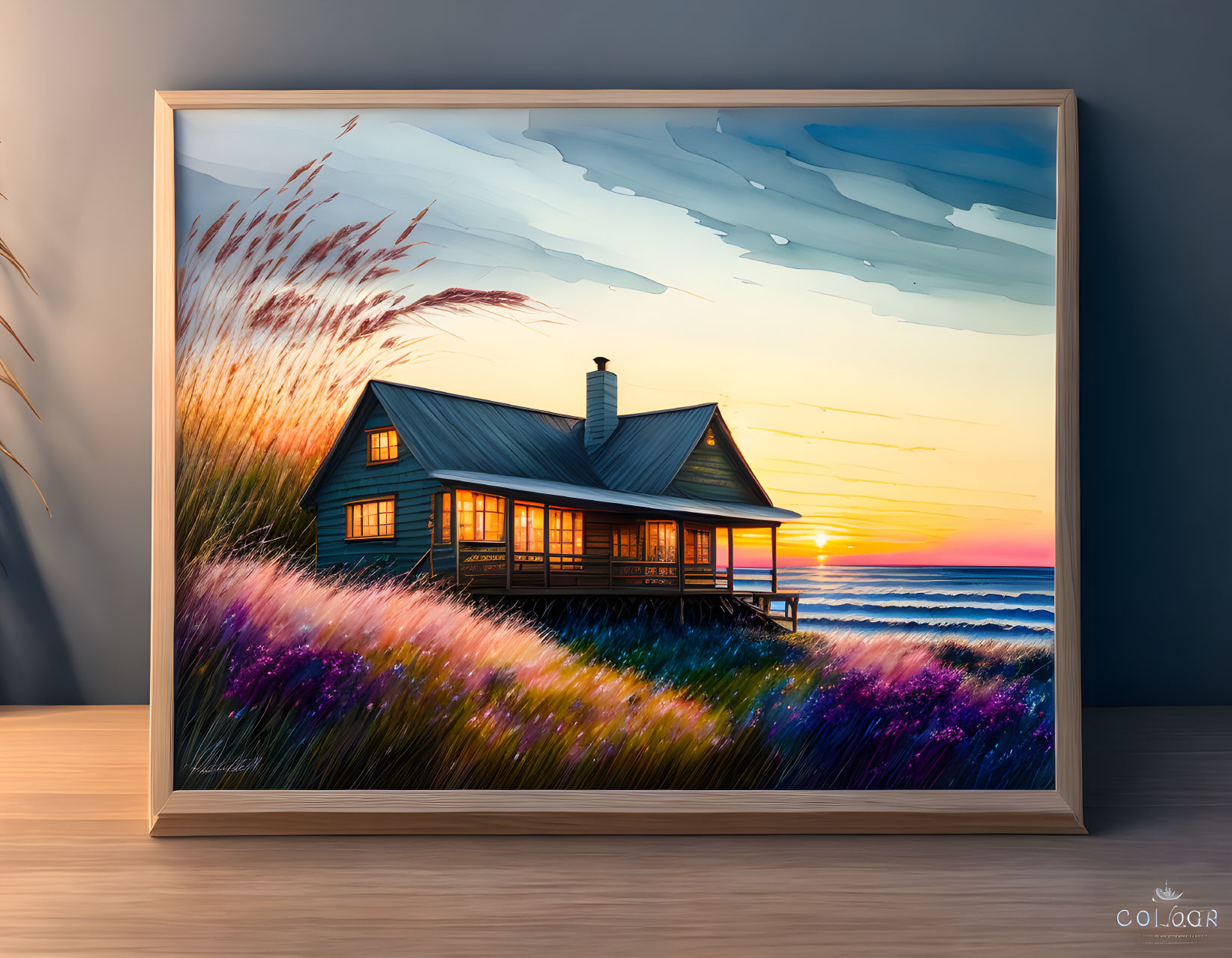 Seaside house painting with flowers, waves, and pastel sky