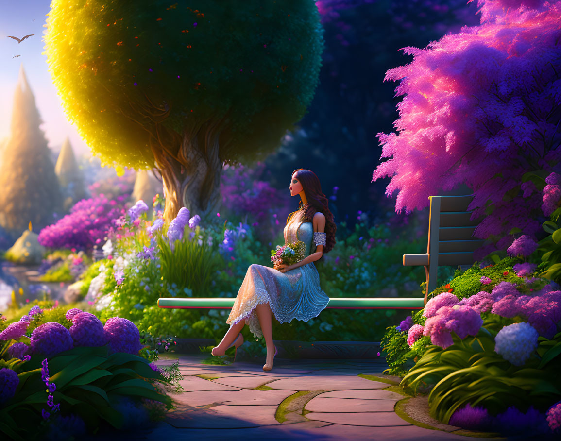 Woman sitting on park bench with bouquet surrounded by vibrant flowers at dusk