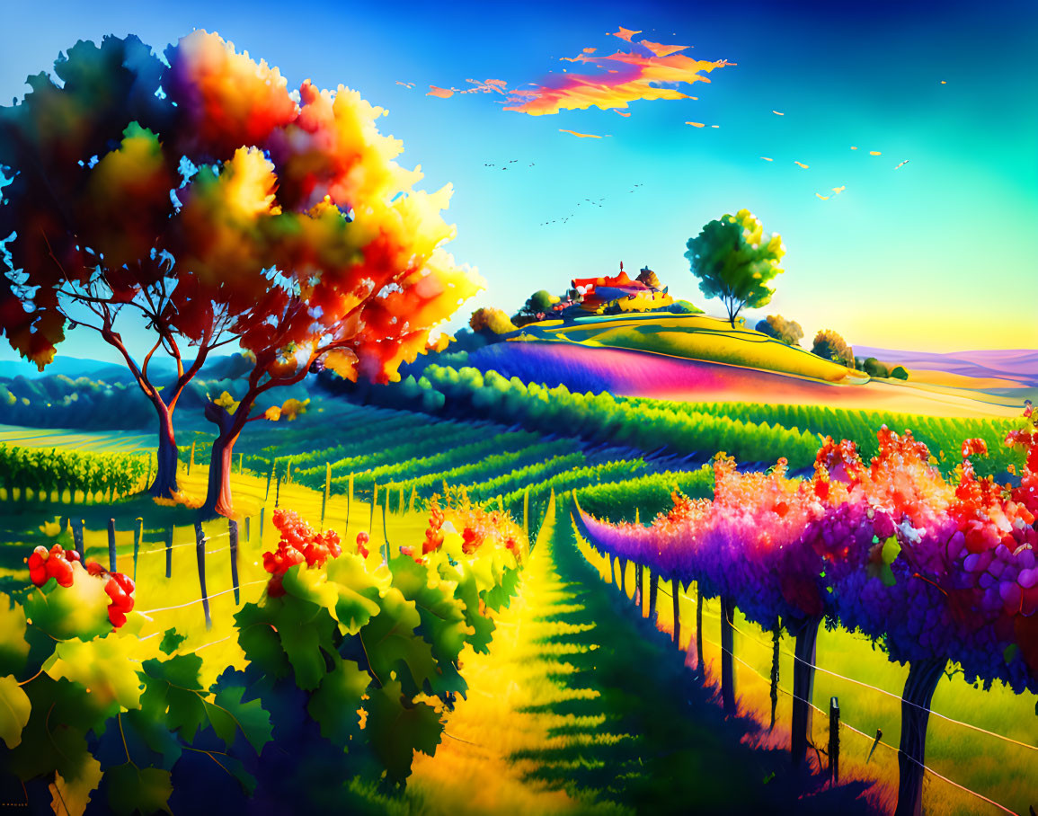 Colorful Vineyard Landscape with Autumn Trees and Rolling Hills