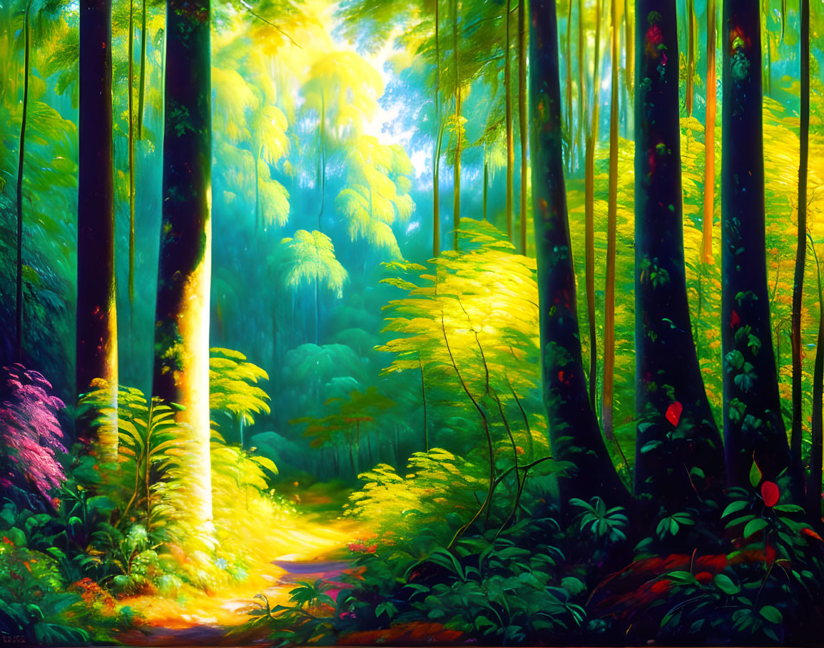 Lush Green Forest Path with Sunbeams and Colorful Foliage