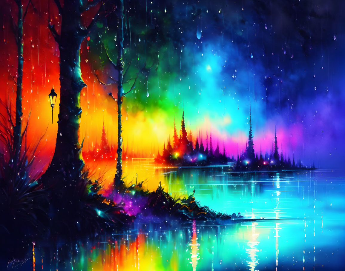 Colorful lakeside scene with aurora lights, trees, and lantern