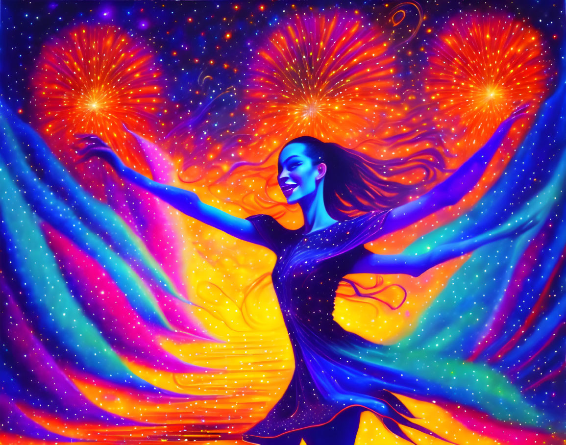 Colorful Woman Dancing in Cosmic Background with Fireworks