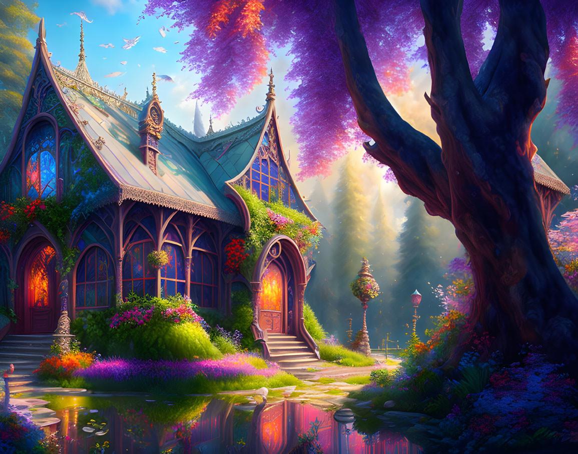 Stained glass fairy-tale cottage in vibrant forest clearing