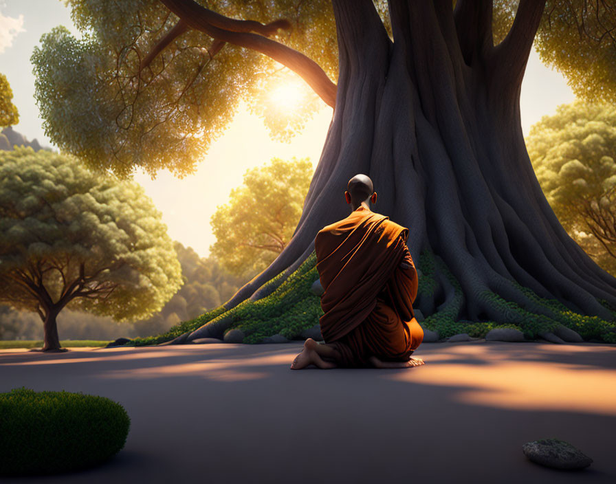 Monk Meditating Under Large Tree with Sunlight