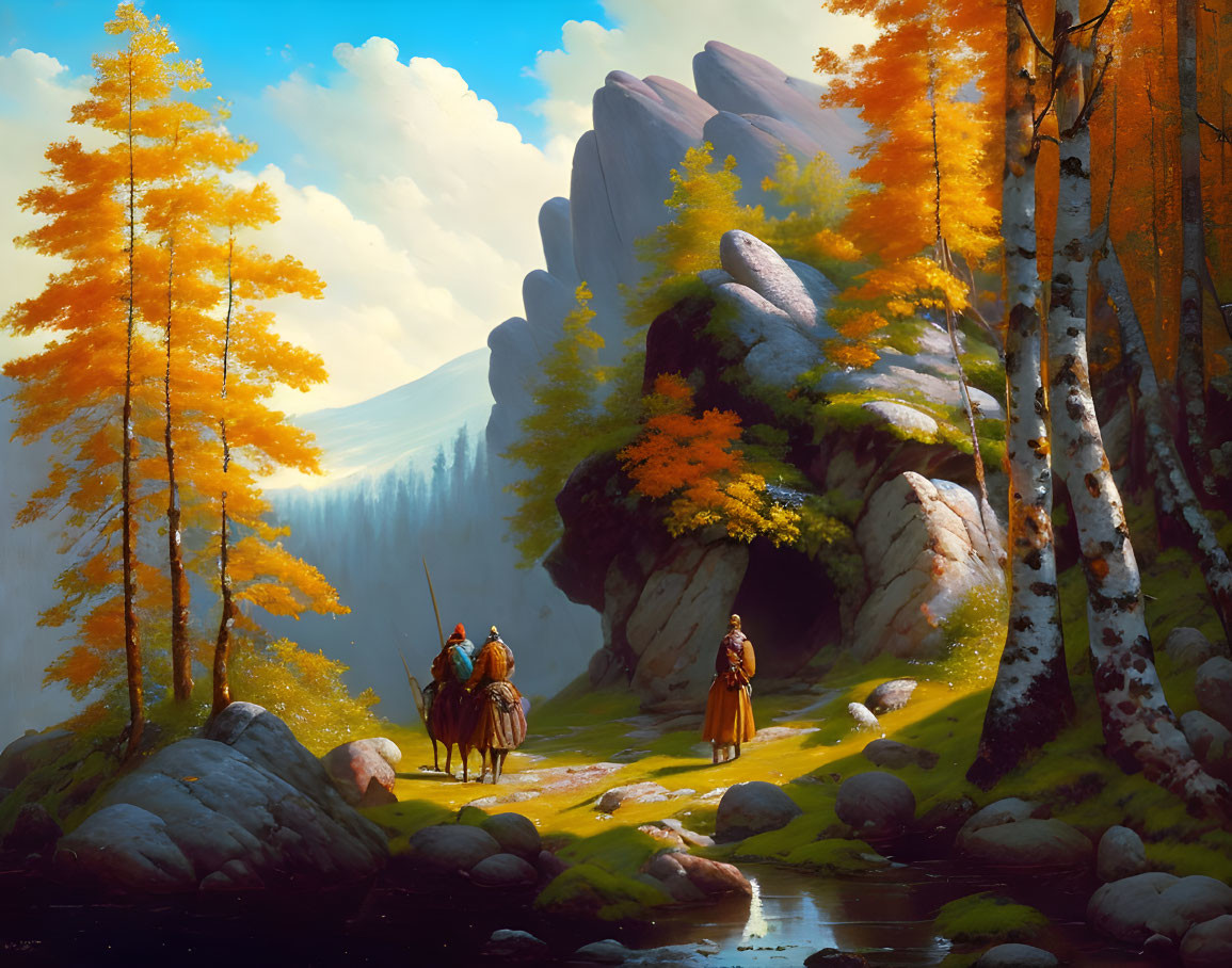 Fantasy autumn landscape with characters on horseback by cave entrance