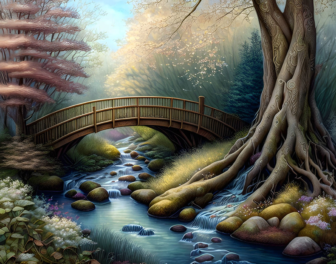 Tranquil woodland scene with wooden bridge, creek, lush trees, moss-covered stones, and blo