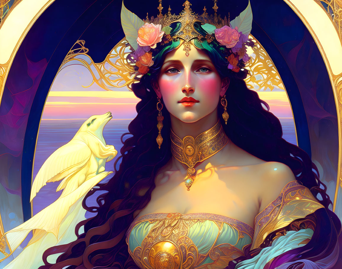 Stylized woman with crown and white wolf against sunset and arches