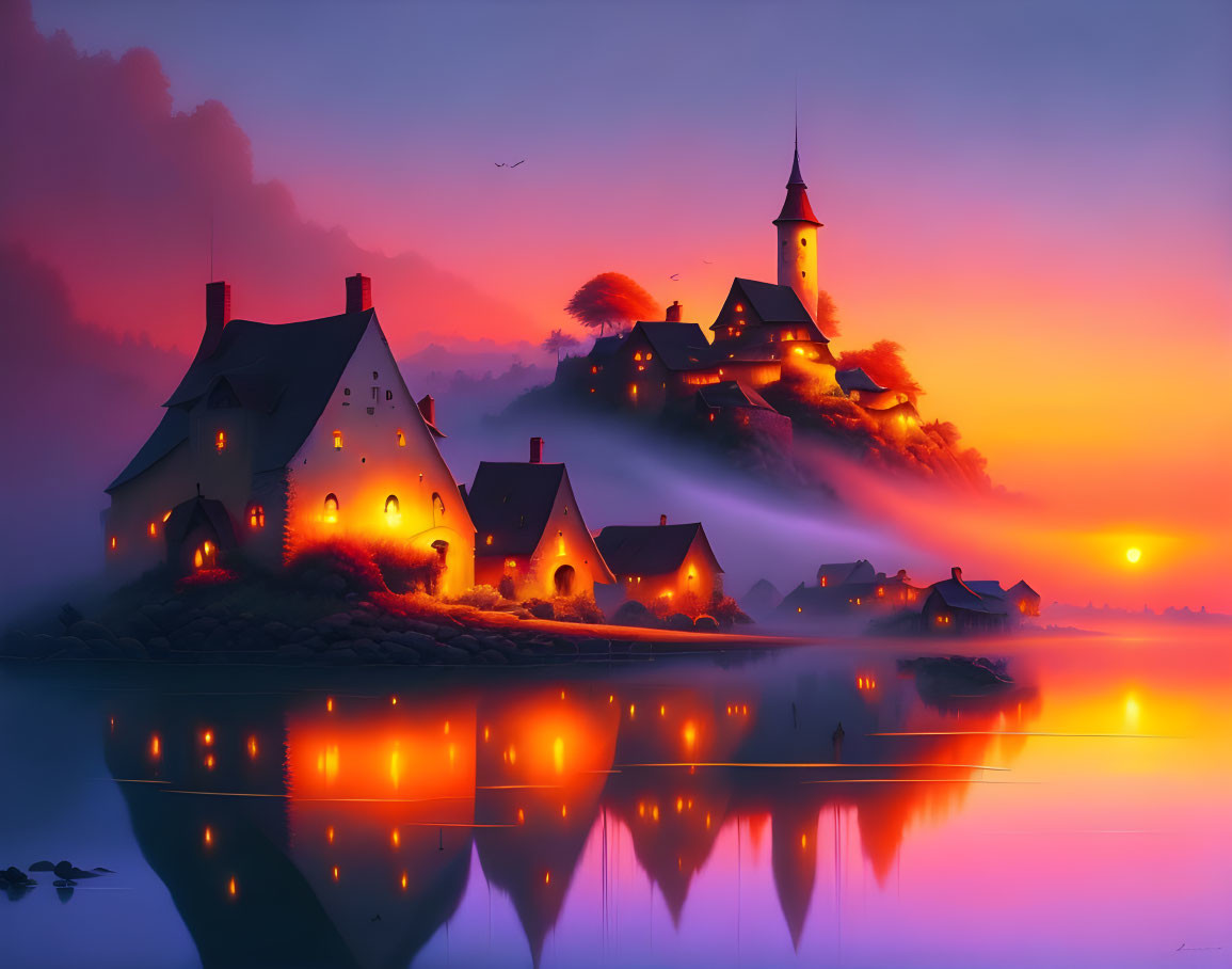 Scenic twilight village with glowing windows, castle on hill, reflected on lake