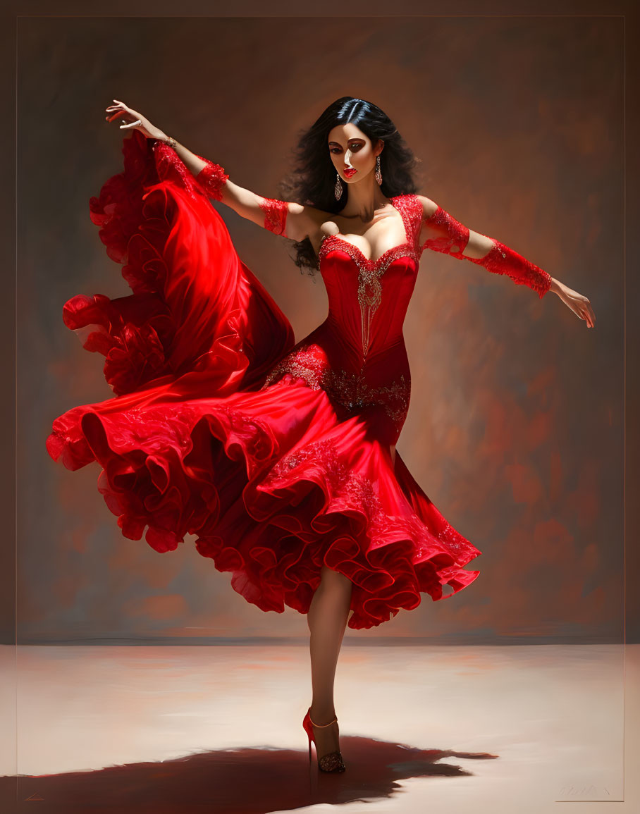 Elegant woman in flowing red dress dancing gracefully