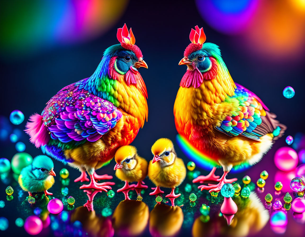 Colorful Roosters with Chicks in Vibrant Setting