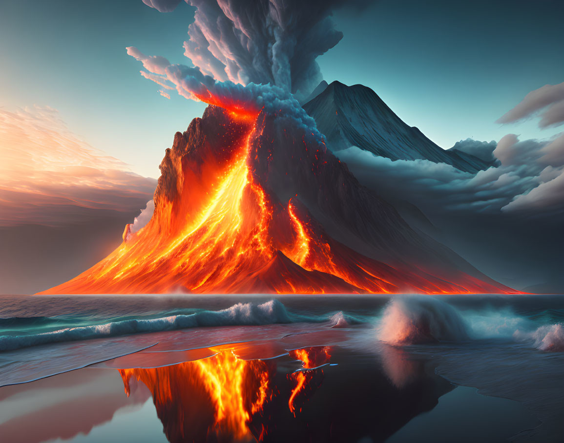 Erupting volcano with flowing lava against dramatic sky and water reflection