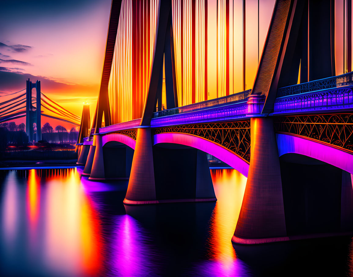 Modern bridge with illuminated cables at vibrant sunset