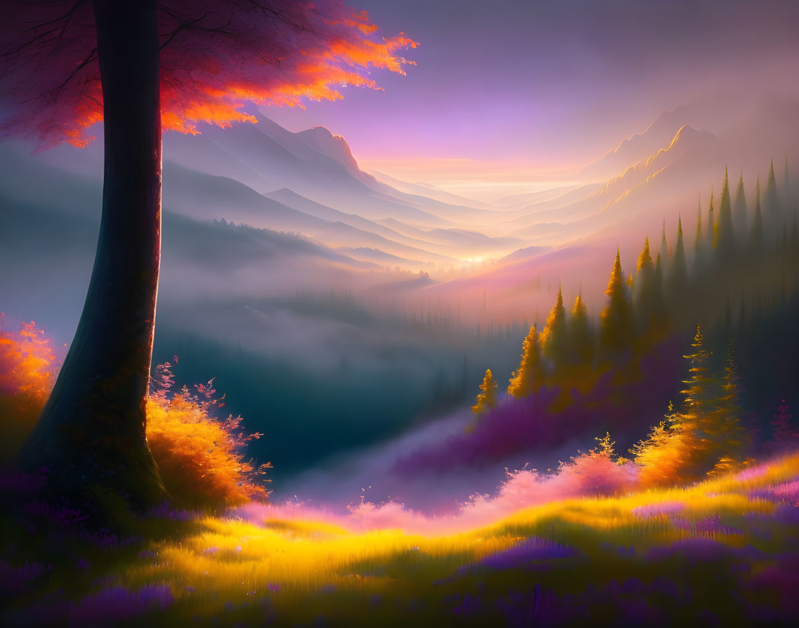 Scenic landscape with purple and orange hues, sunrise over misty mountains, lush forest, and tree