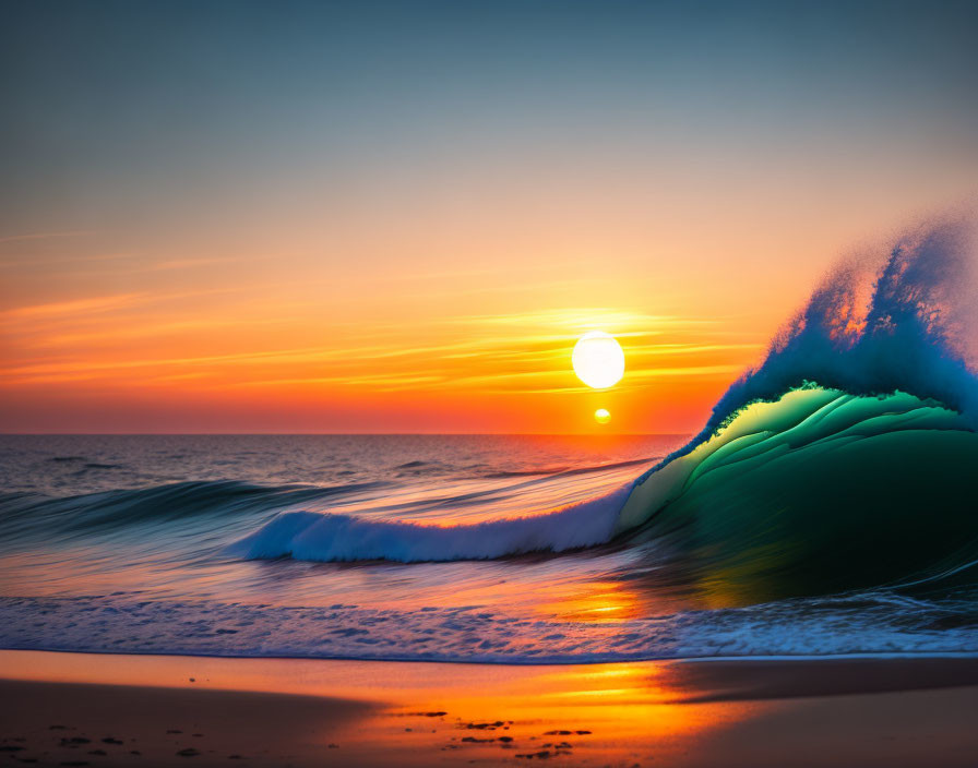 Colorful ocean sunset with large wave and sun near crest against gradient sky