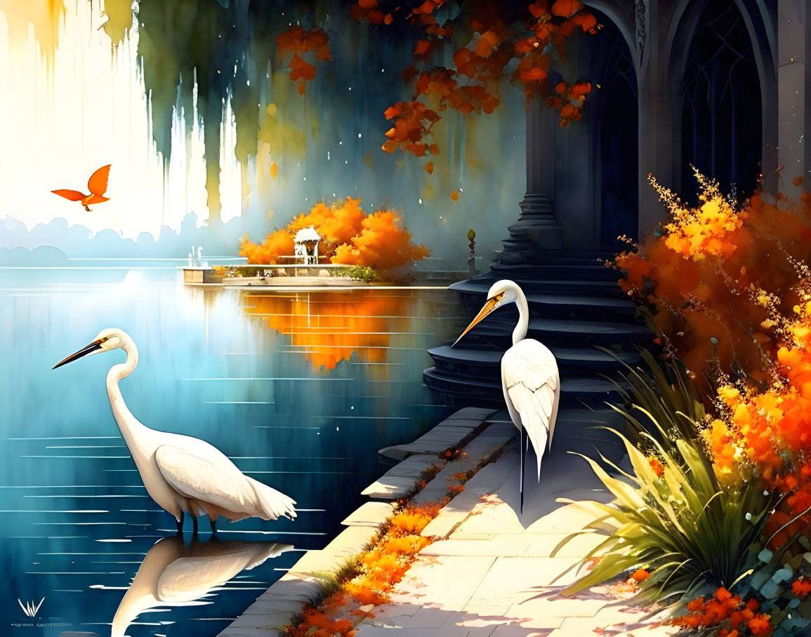 Digital painting of two white herons in autumn scenery