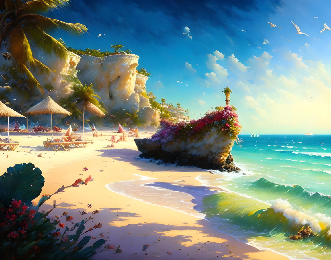 Tropical beach scene with palm trees, flowers, sun loungers, and seagulls