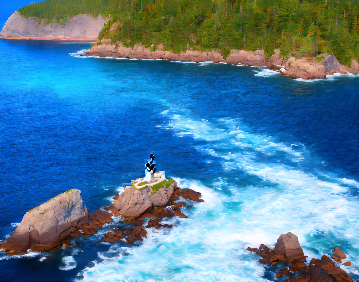 Person meditating on rock by vibrant blue water and forested cliffside