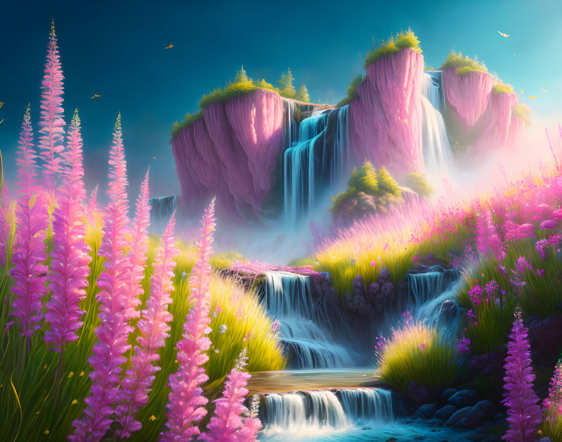 Majestic waterfalls in vibrant fantasy landscape