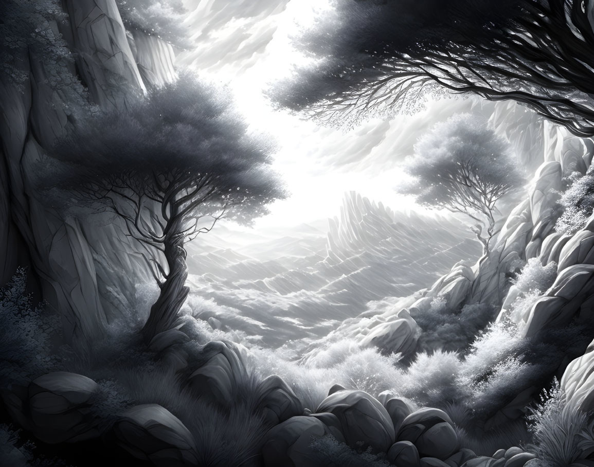 Greyscale fantasy landscape with gnarled trees, rugged cliffs, and misty mountains