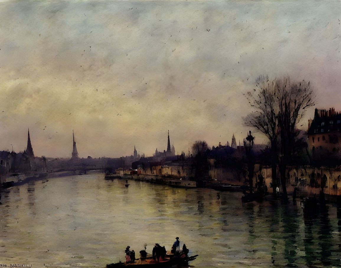 Impressionist-style river scene with boats and city buildings under dramatic sky