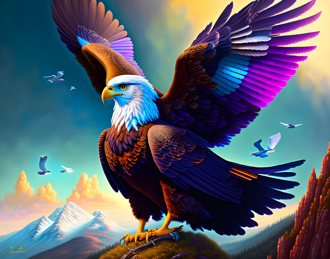 Colorful Eagle with Outstretched Wings on Hillock Against Mountain Backdrop