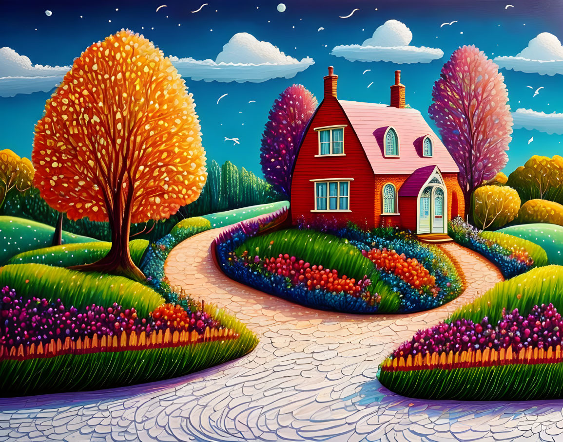 Colorful painting of cozy red house with thatched roof and vibrant surroundings