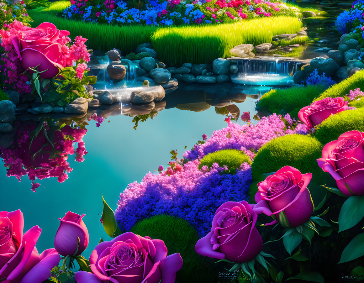 Tranquil garden with pink roses, lush greenery, pond, and waterfall