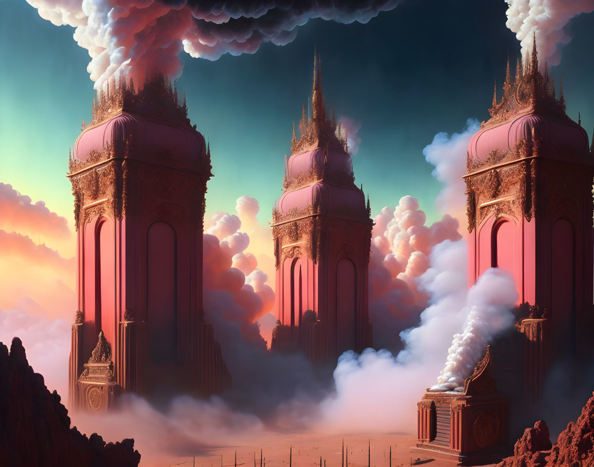 Pink temple-like structures in dramatic sky with clouds