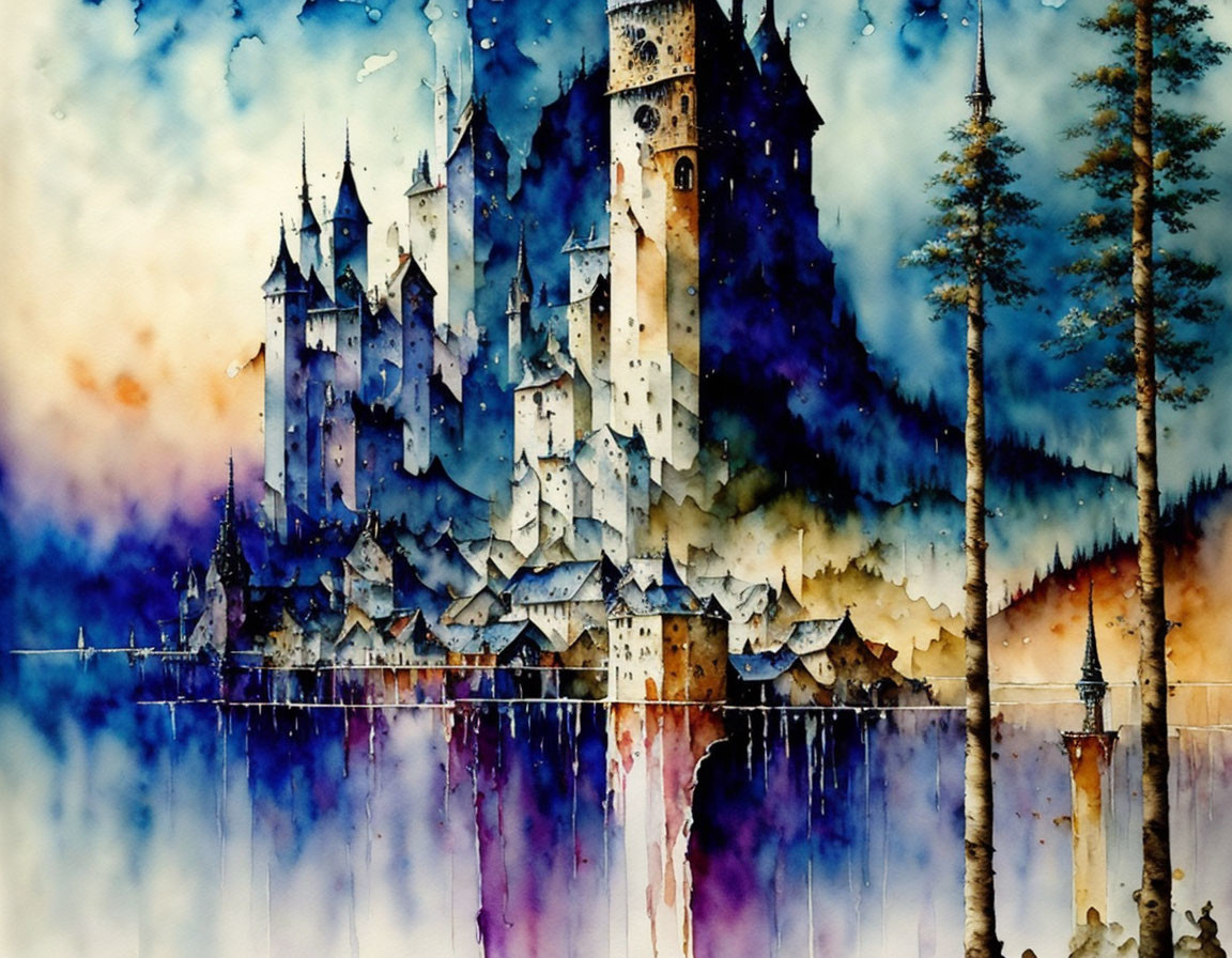 Majestic castle by lake: vibrant watercolor scene