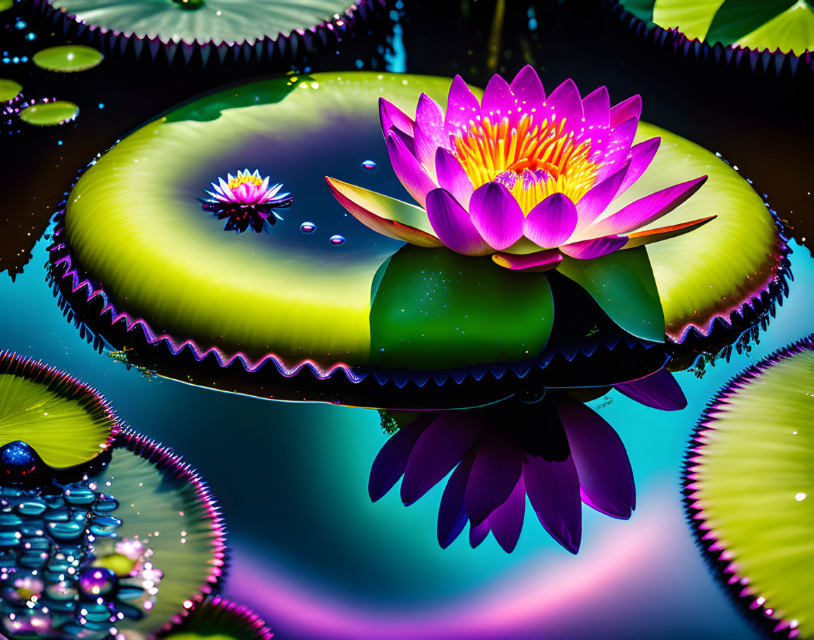 Pink Water Lily Blooming on Green Lilypad in Glistening Water Droplets