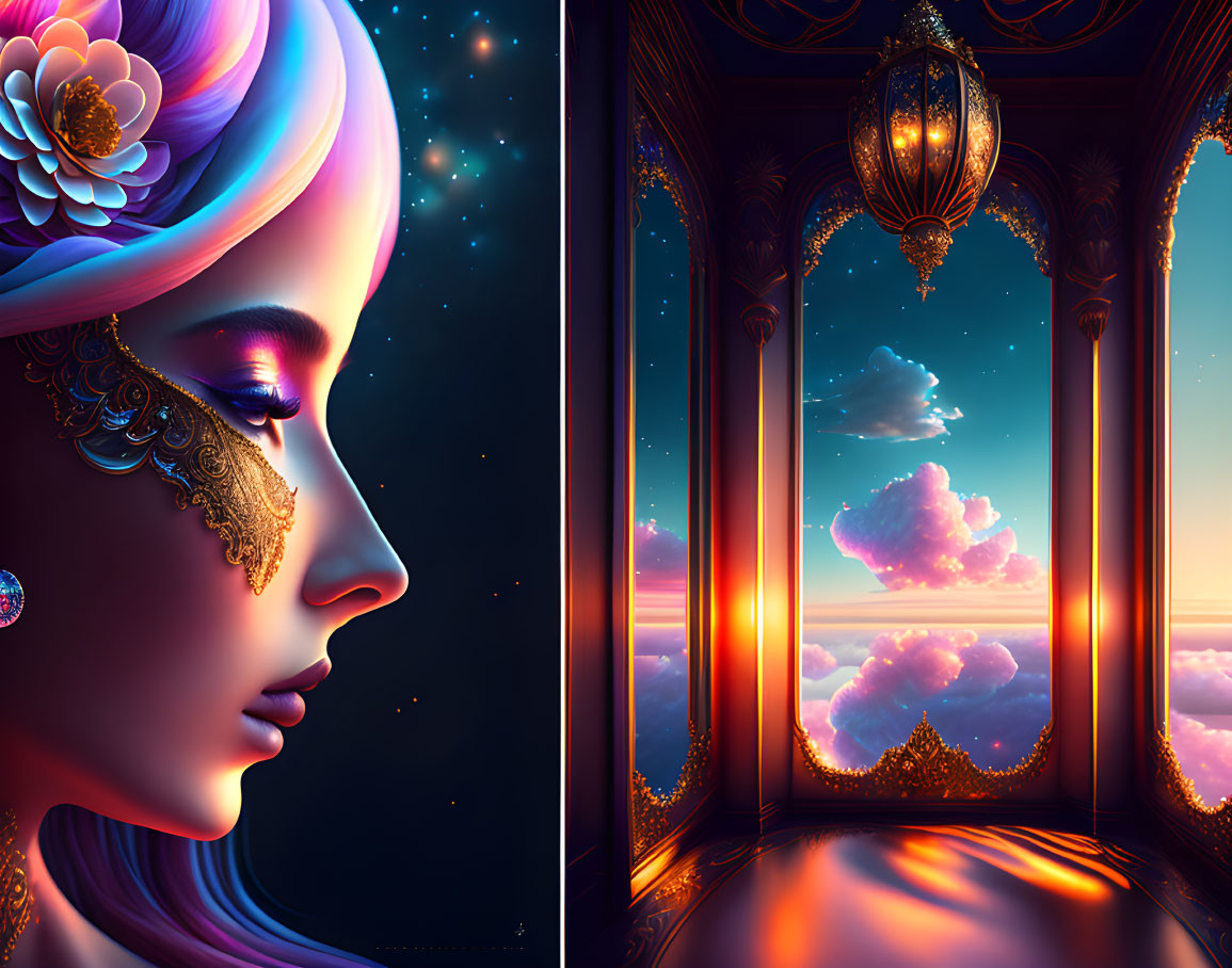 Woman with golden adornments and surreal sunset clouds through ornate window