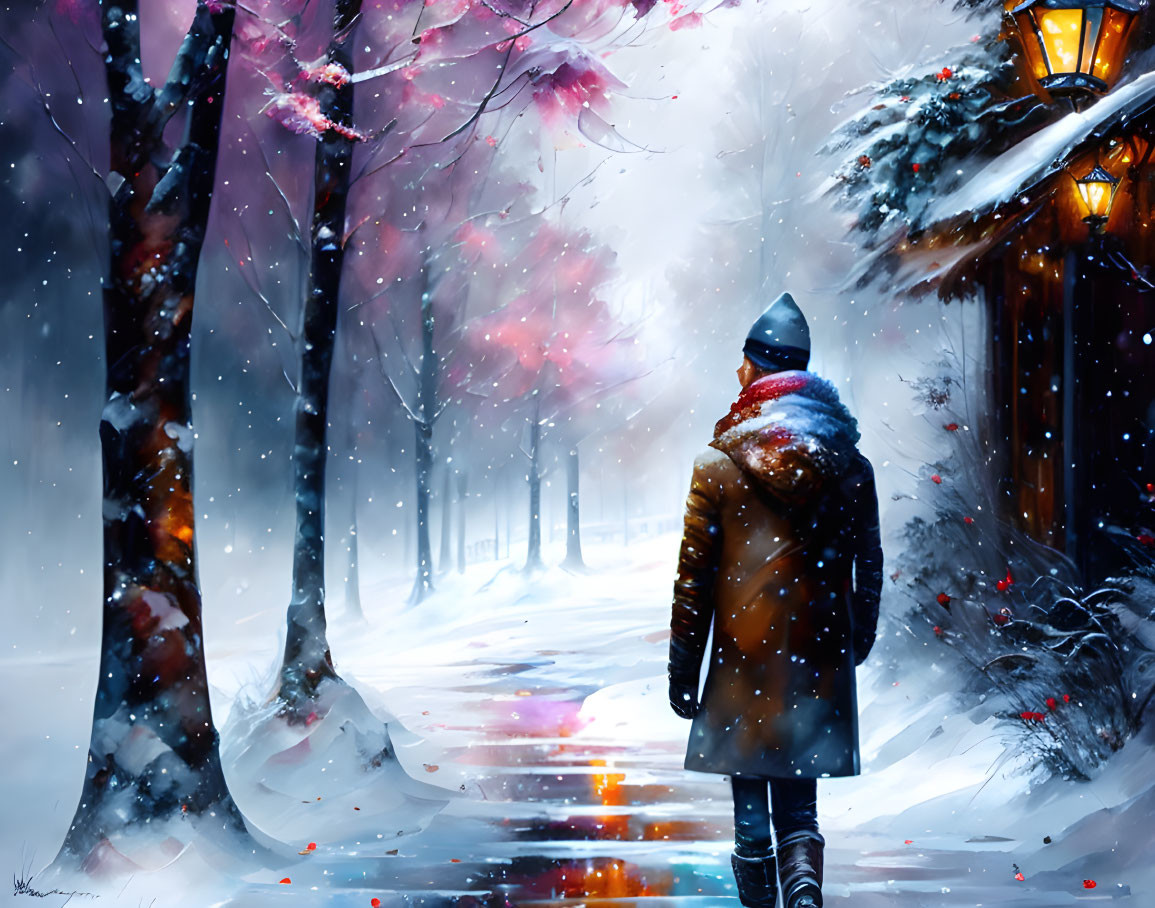 Person in Winter Clothing on Snow-Covered Path with Pink Trees and Lanterns