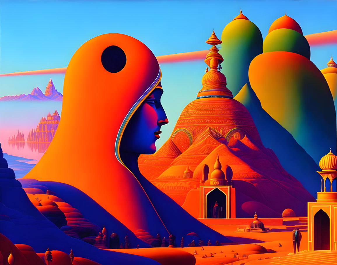 Colorful digital artwork: Woman profile merges with surreal desert landscape