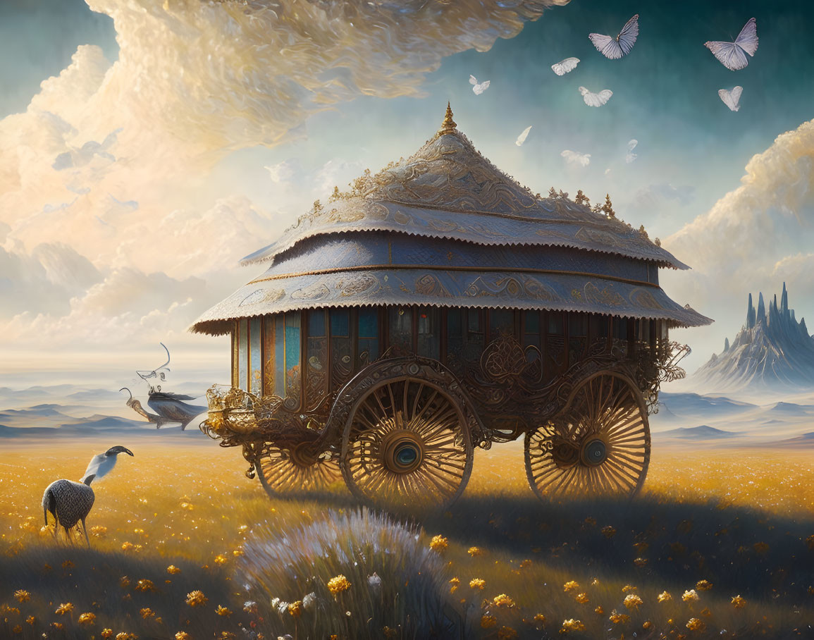 Ornate temple-like carriage in golden field with bird and butterflies