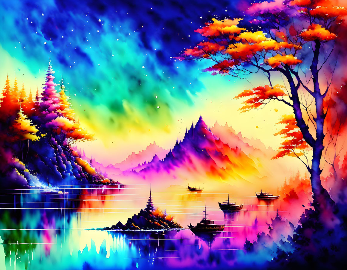 Colorful digital artwork of magical landscape with mountains, trees, lake, and starry sky