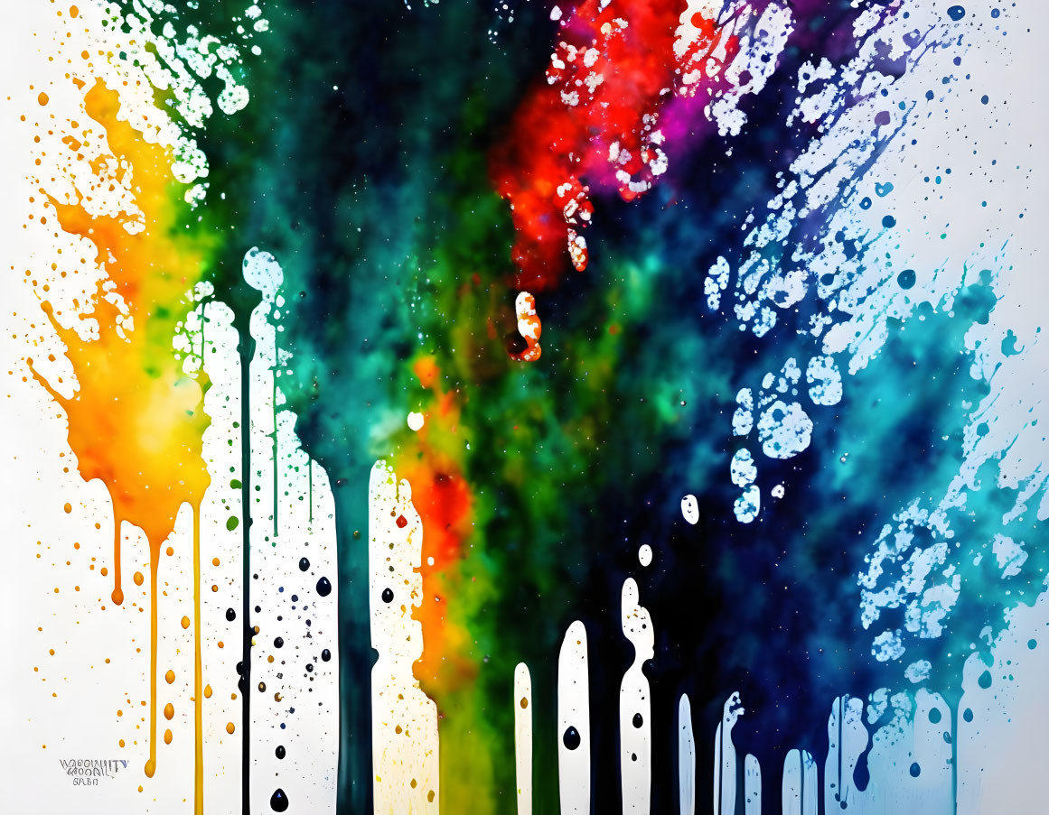 Colorful Rainbow Paint Splatter Against White Fence & Black Background