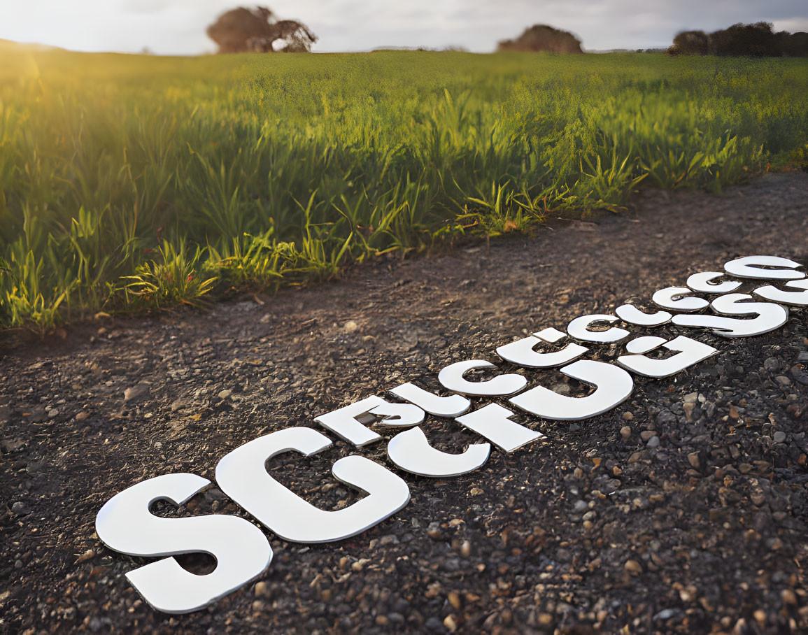 Grassy field path with "SUCCESS" leading to bright horizon