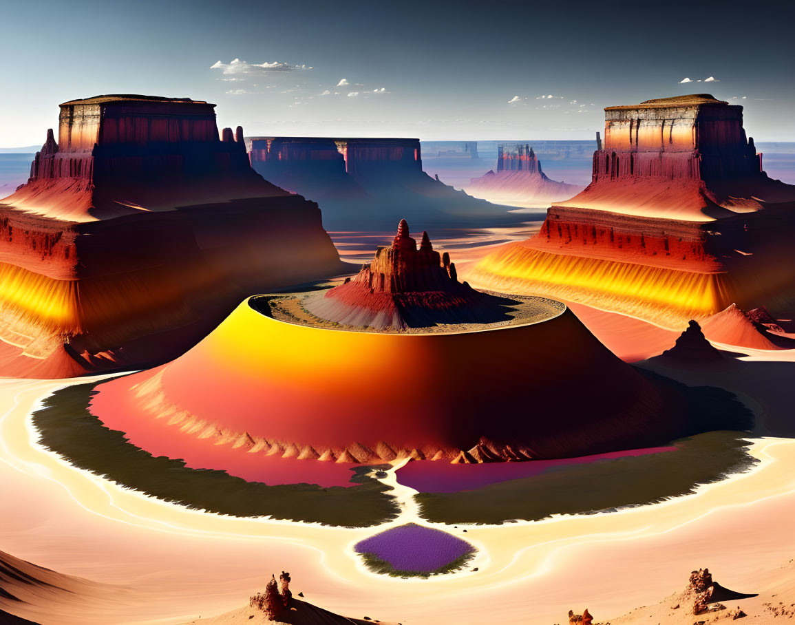 Surreal desert landscape with towering rock formations and vibrant purple lake