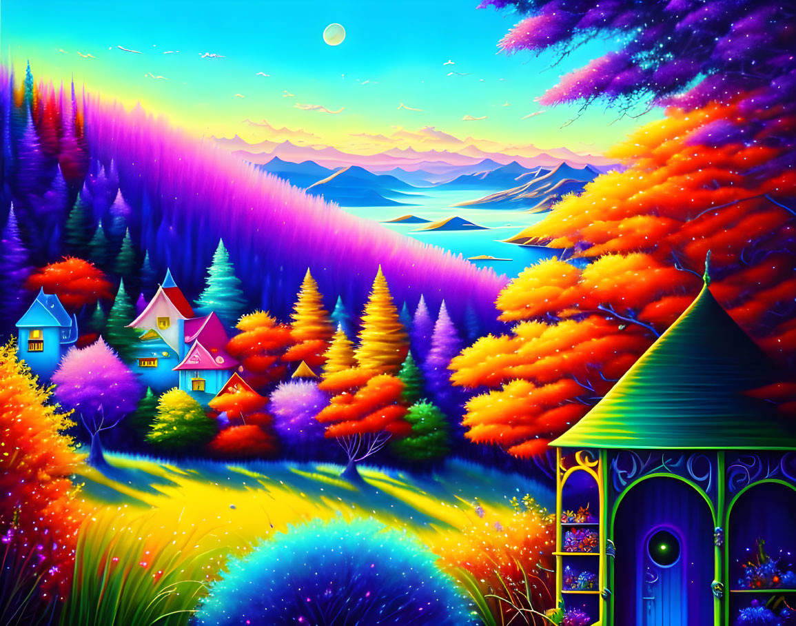 Colorful Landscape with Whimsical Houses, Lush Trees, and Crescent Moon