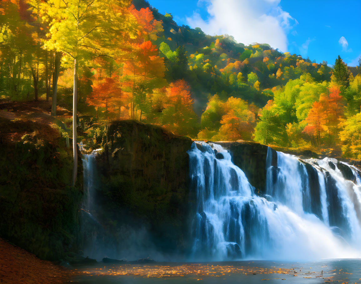 Autumn waterfall surrounded by vibrant foliage and sunbeams