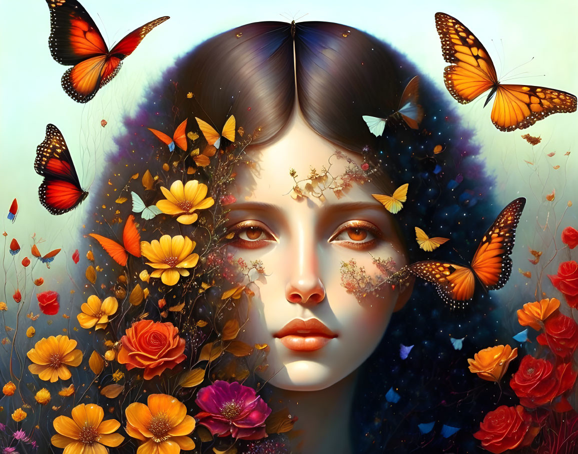 Digital artwork: Woman's face with flowers and butterflies in cosmic setting