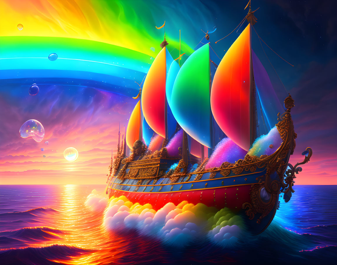 Colorful ship sailing on sea under rainbow sunset