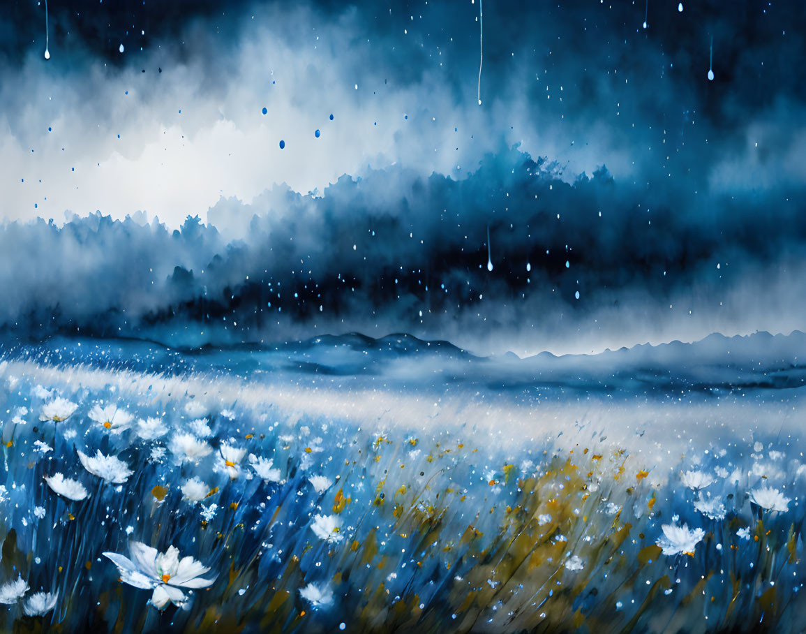 Blue-toned painting of white flowers under stormy sky and foggy mountains