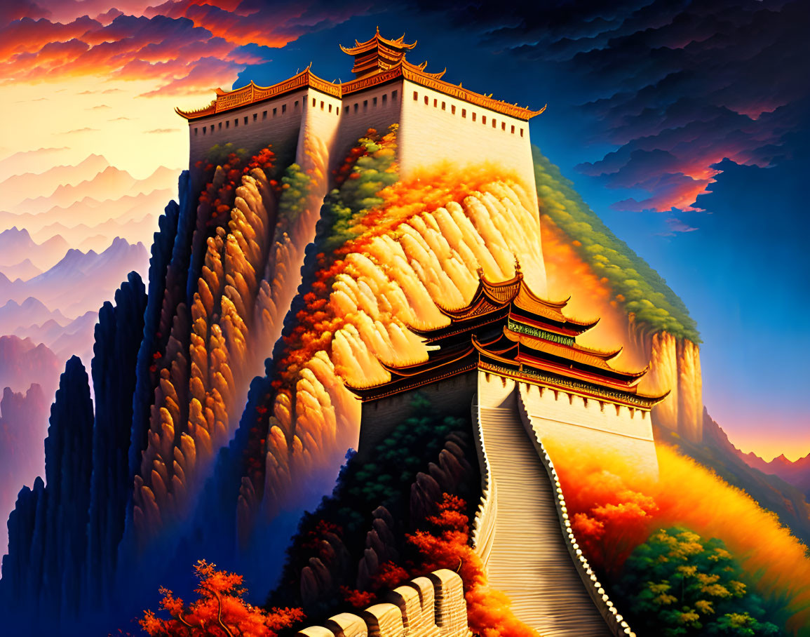 Traditional Chinese Palace on Forested Mountain with Colorful Clouds