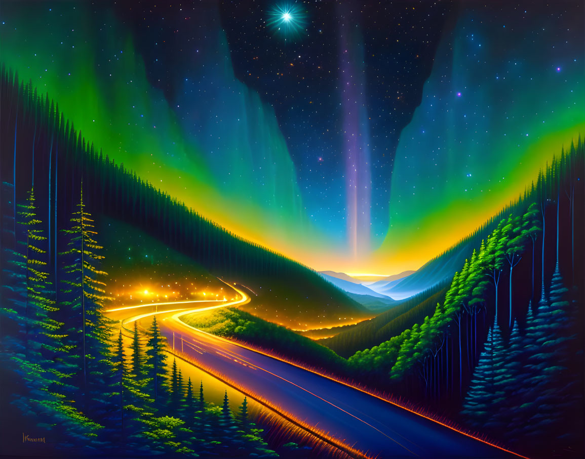 Illuminated winding road through dense forest under starry sky.