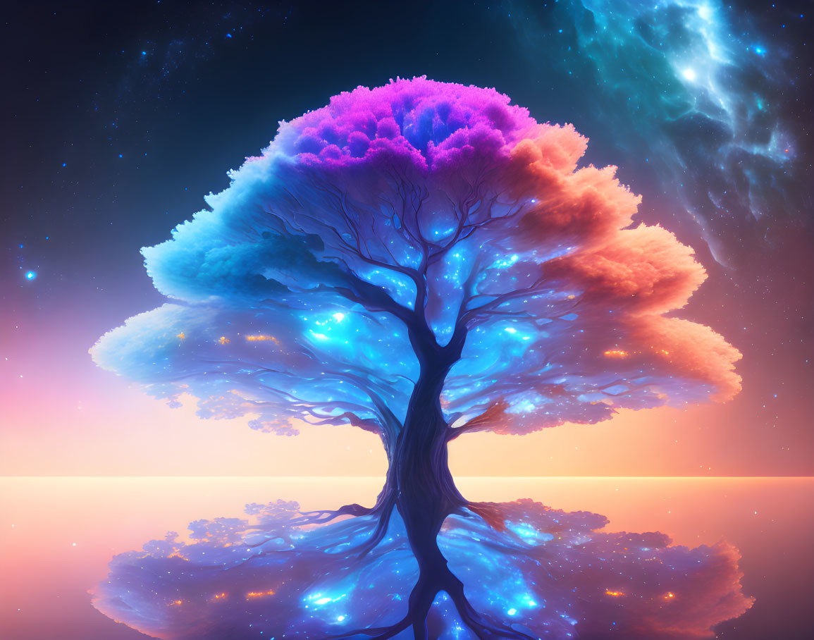 Colorful digital artwork: Tree with blue leaves under starry sky