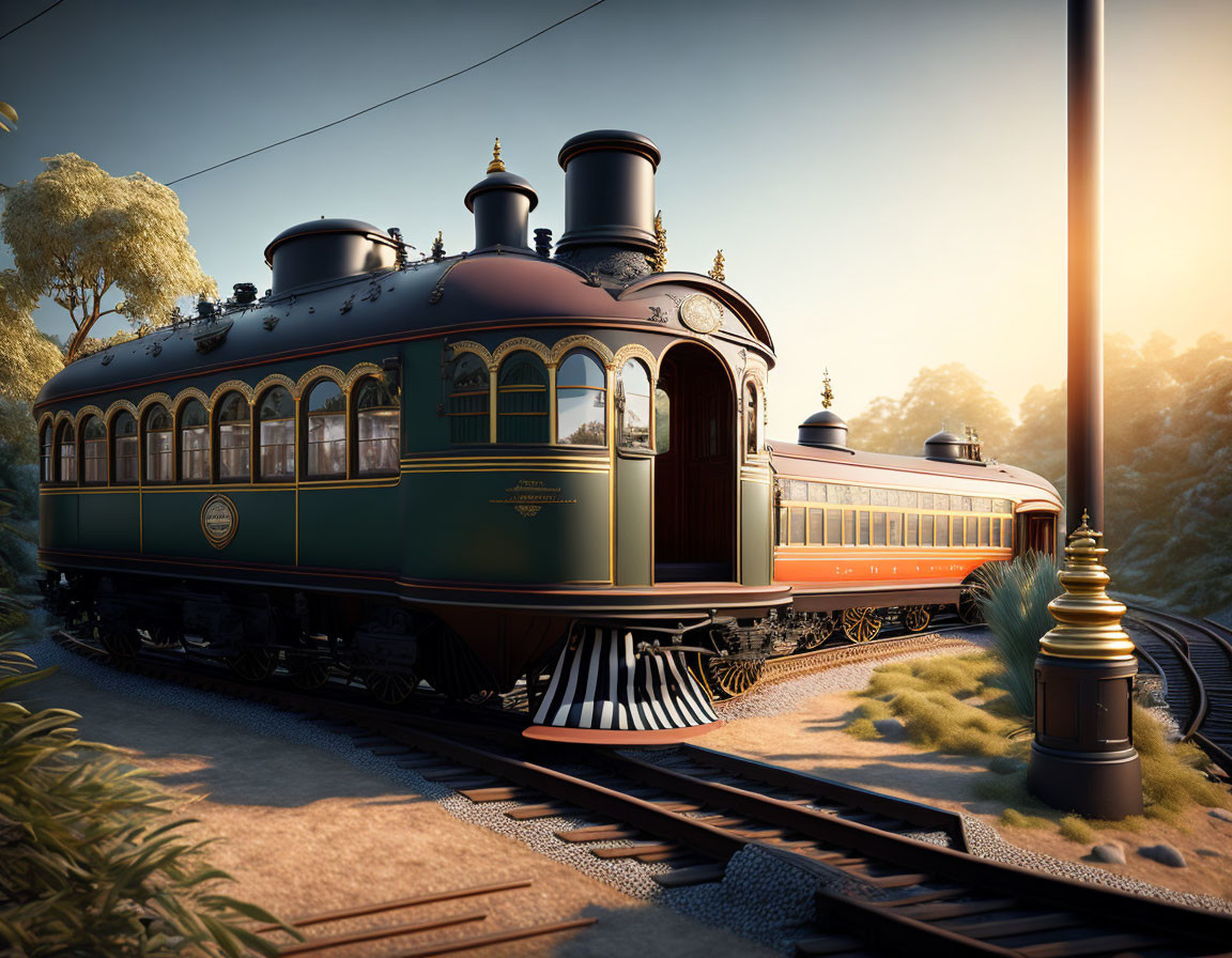 Vintage Train on Tracks at Sunrise with Greenery and Street Lamp