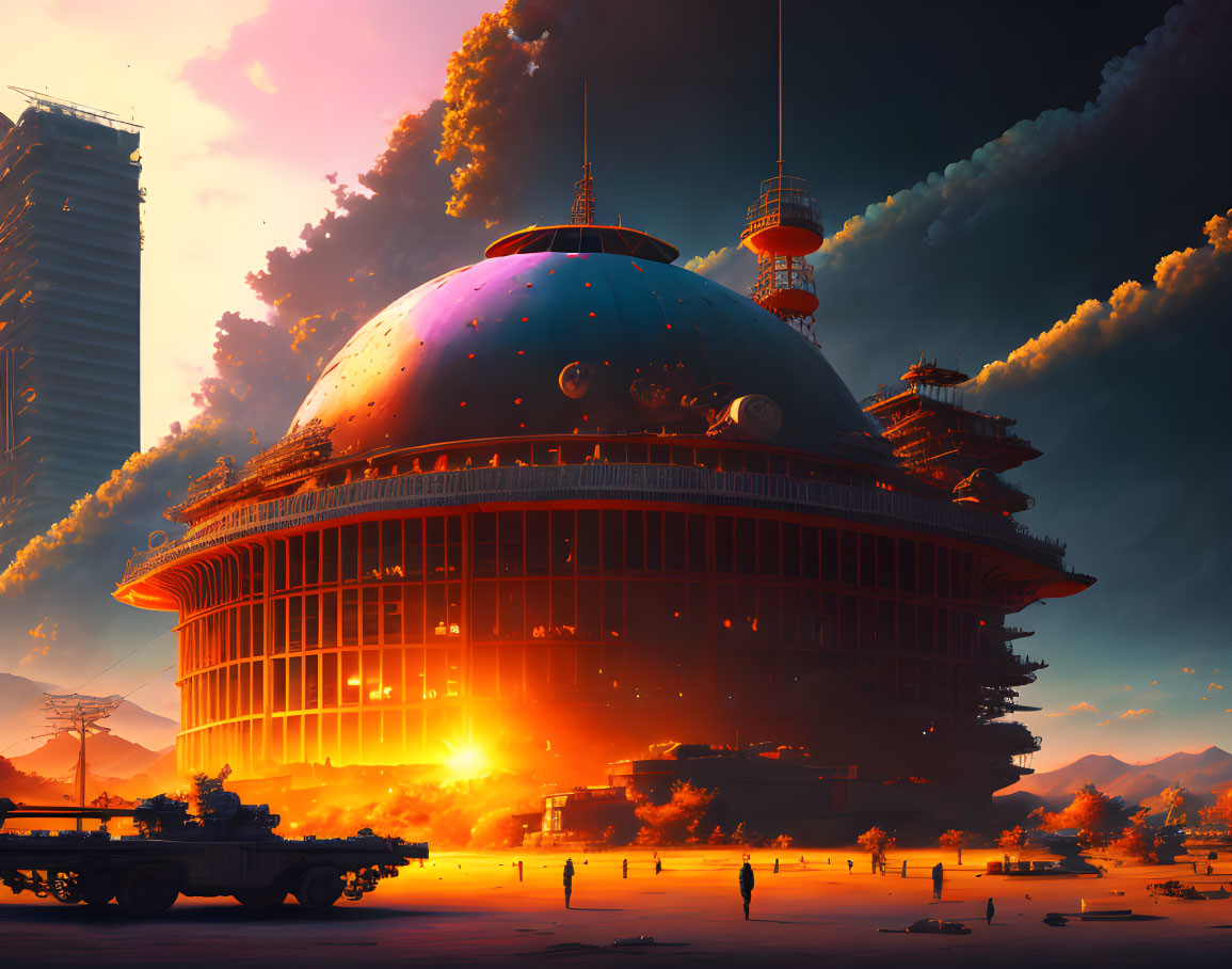 Futuristic spherical building with tiers and antennas in sci-fi cityscape