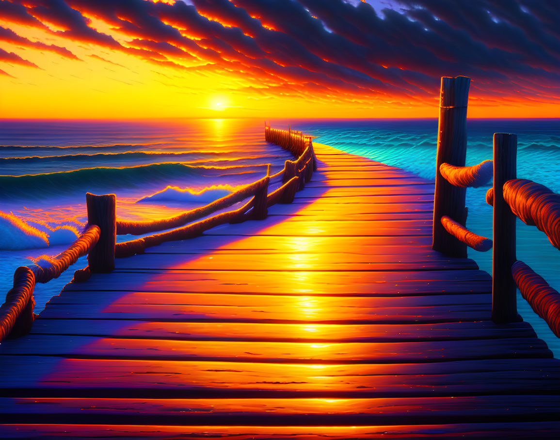 Scenic sunset over ocean with wooden pier and colorful sky