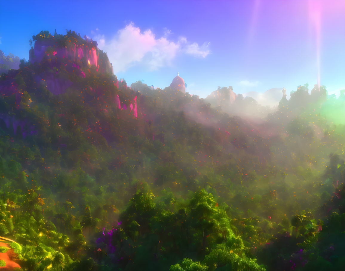 Mystical forest landscape with sunbeams and exotic mountain structure